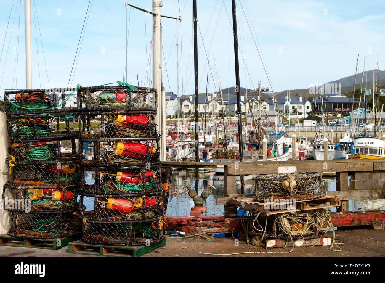 Colorful Crab pots and buoys stacked at Pillar point harbor, Half Moon