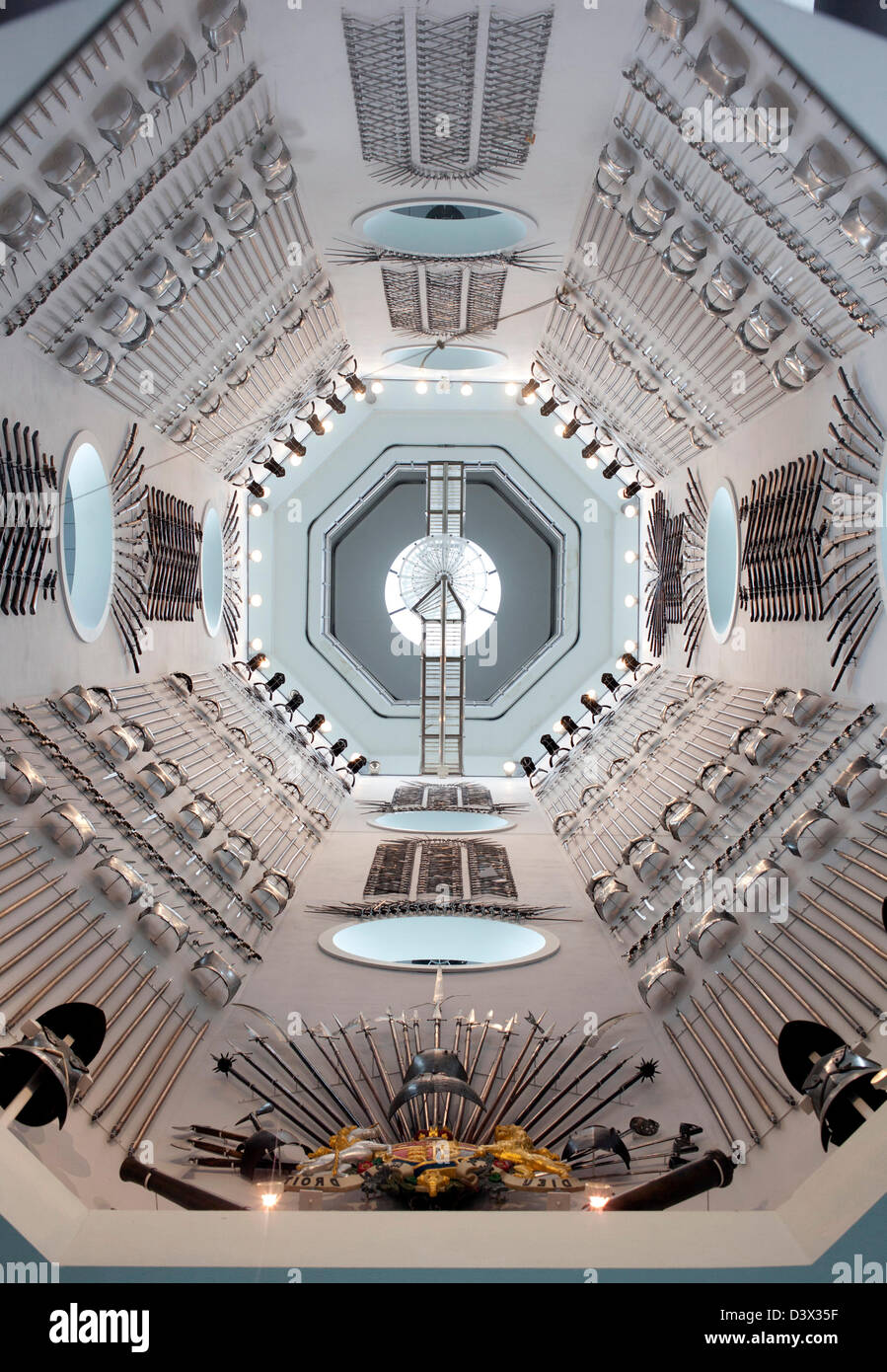Looking up into the 'Hall of Steel' which exhibits weapons of war in the Armouries Museum, Leeds. Stock Photo