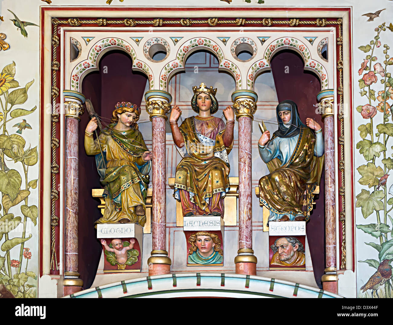 Clotho, Lachesis and Atropos, the three fates from Greek mythology, in Castell Coch castle, Tongwynlais, Cardiff, Wales, UK Stock Photo
