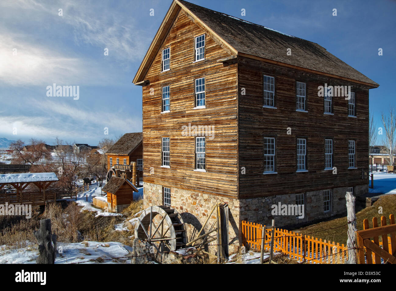 Winter view of some of the structures at historic Benson Grist Mill in