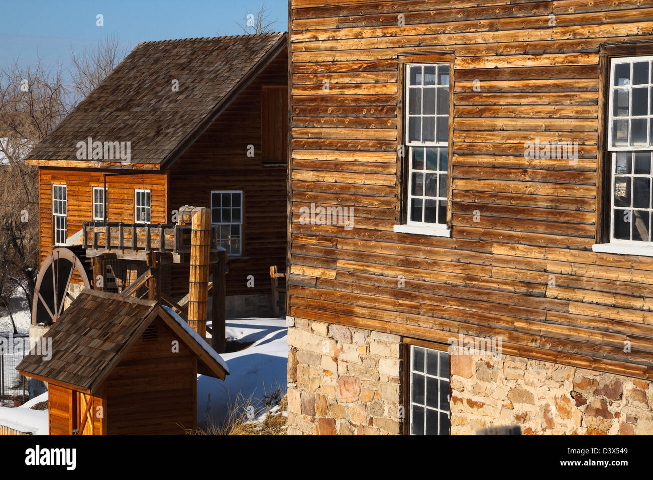 Winter view of some of the structures at historic Benson Grist Mill in Tooele County Utah Stock Photo