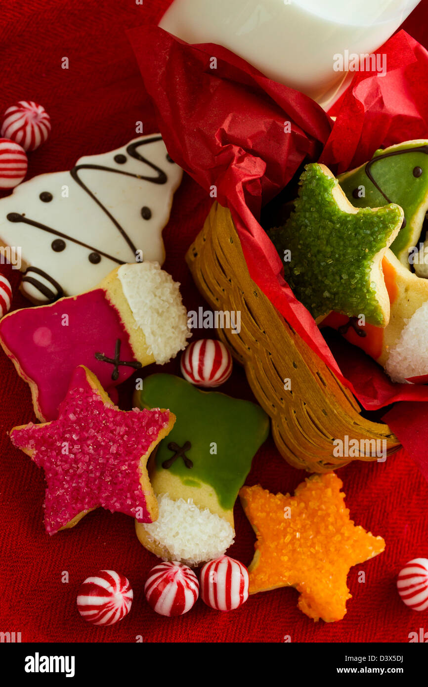 Assorted christmas cookies on red background Stock Photo Alamy