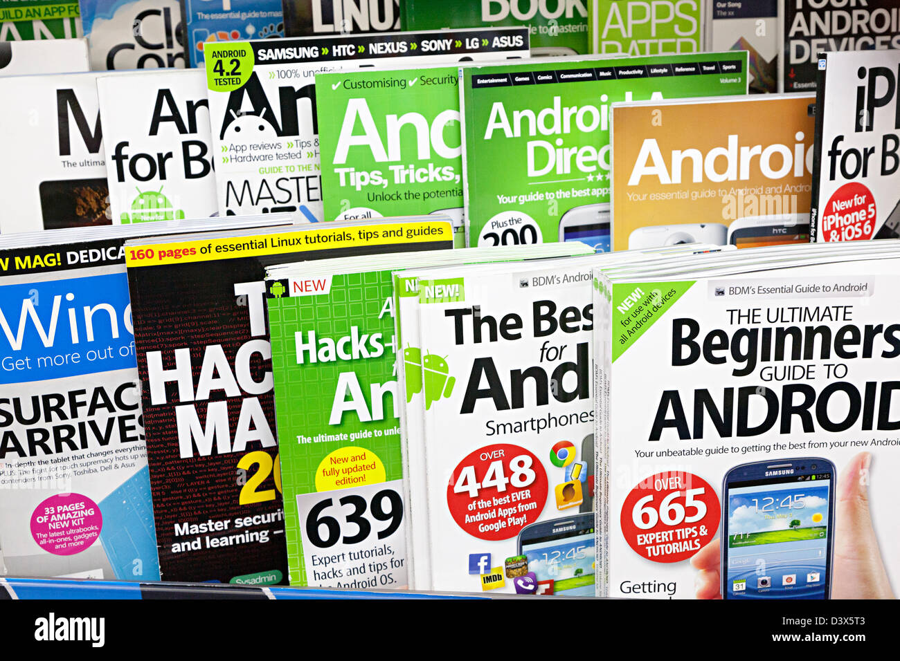Computer and Android magazines on sale on news stand with dates not showing, UK Stock Photo