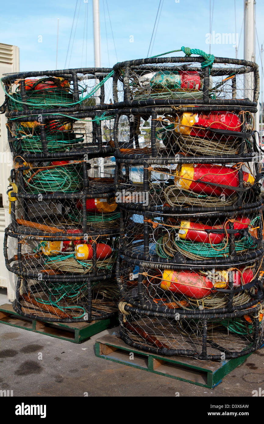 Colorful Crab pots and buoys stacked at Pillar point harbor, Half Moon