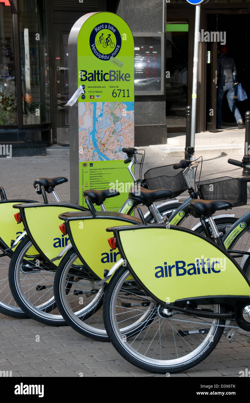A rent-a-bike stand sponsored by airBaltic in Riga Old Town, Riga, Latvia Baltic States Stock Photo