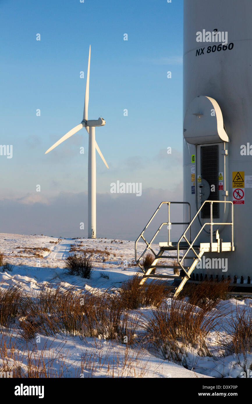 Wind turbines in winter, Scout Moor, (between Bury and Rochdale), Lancashire, England, UK. Stock Photo