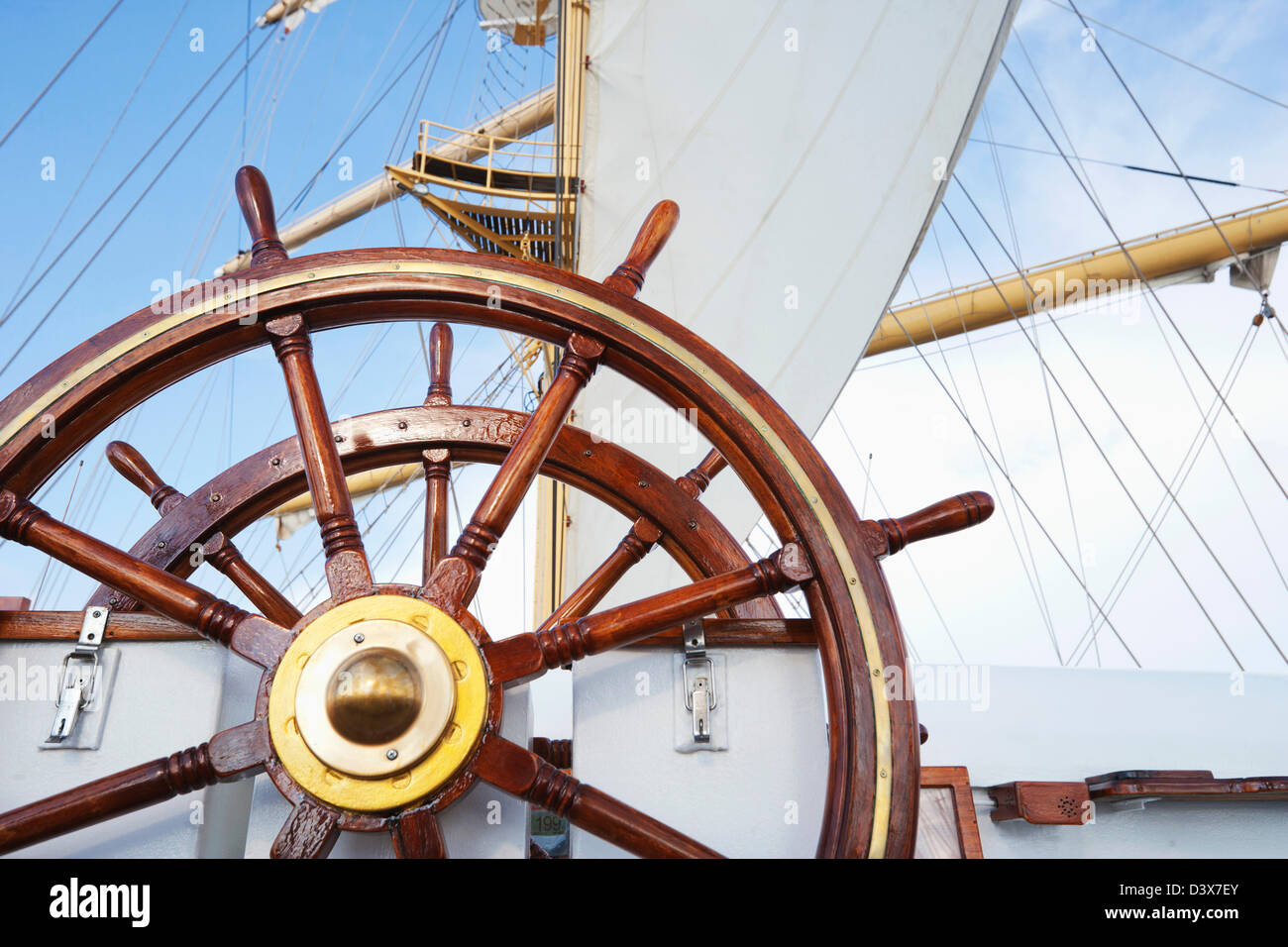 Ships helm on deck of a clipper ship, Italy Stock Photo Alamy