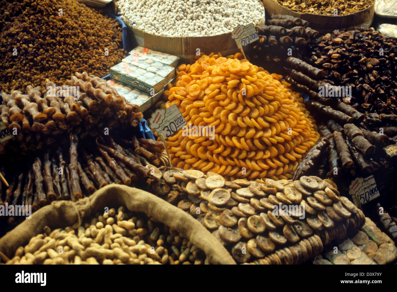 Colorful dried fruits and nuts on display at the Spice Market in