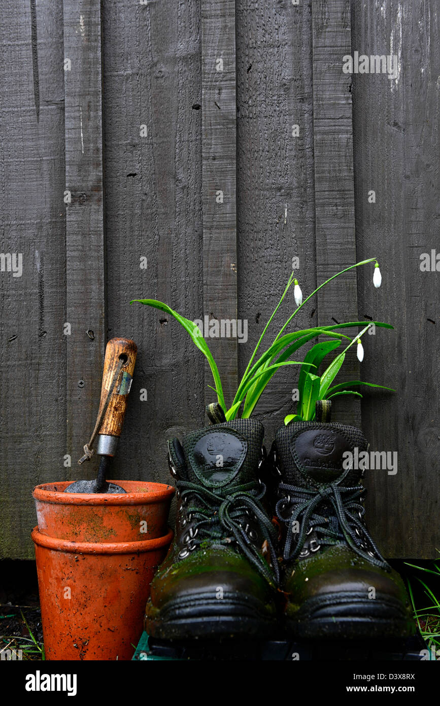 Galanthus nivalis snowdrops growing grow in old pair hiking boots unusual pot container recycle recycling reclaim gardening Stock Photo