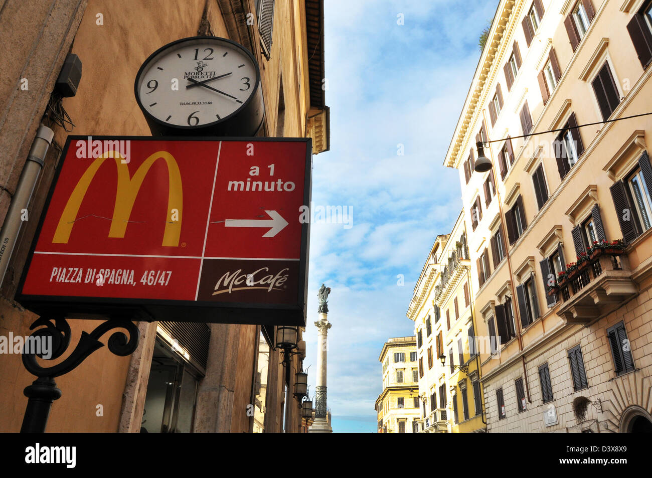 Macdonald's sign, Rome Italy on the Via del Condotti looking towards the Spanish steps. Stock Photo