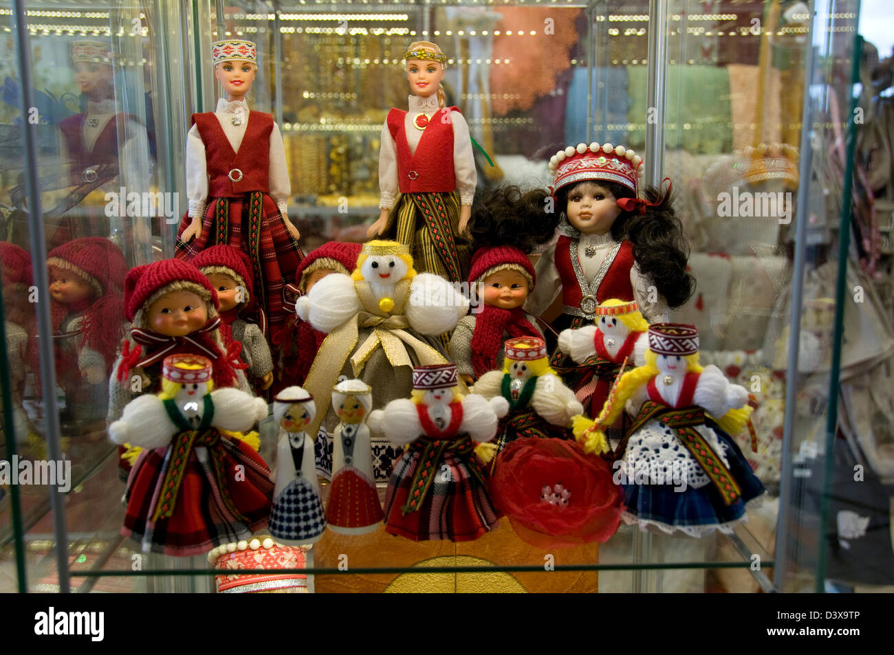 Latvian dolls on display in a Latvian souvenir shop in Riga, Latvia ...