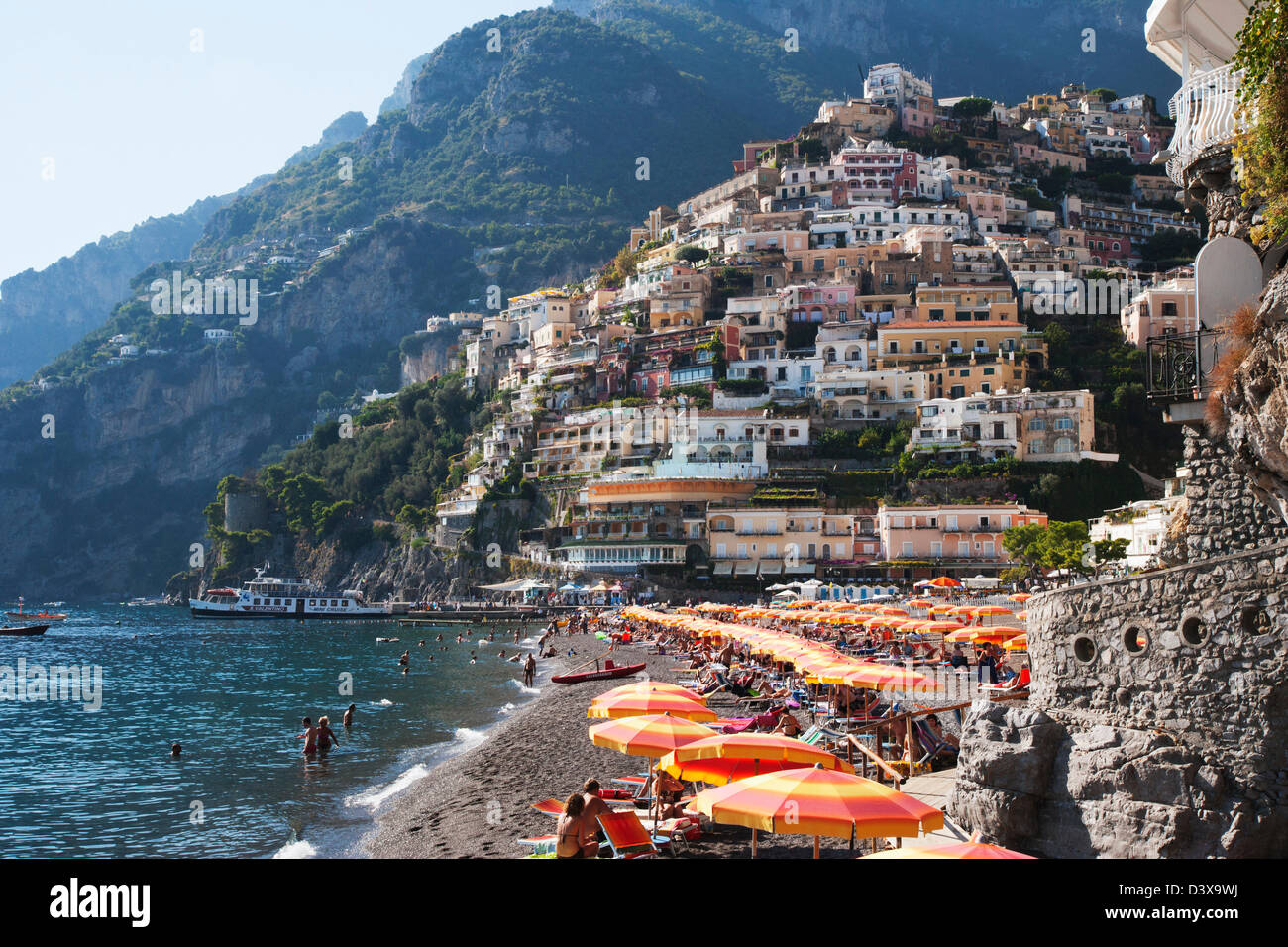 Tourists on the beach, Amalfi, Province Of Salerno, Gulf Of Salerno, Tyrrhenian Sea, Campania, Italy Stock Photo