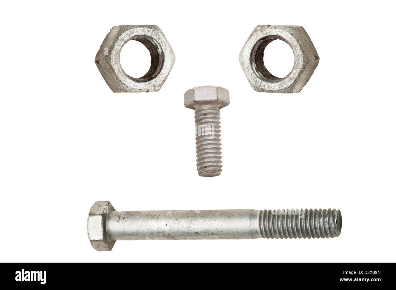 Galvanized nuts and bolts face. Isolated on white background Stock