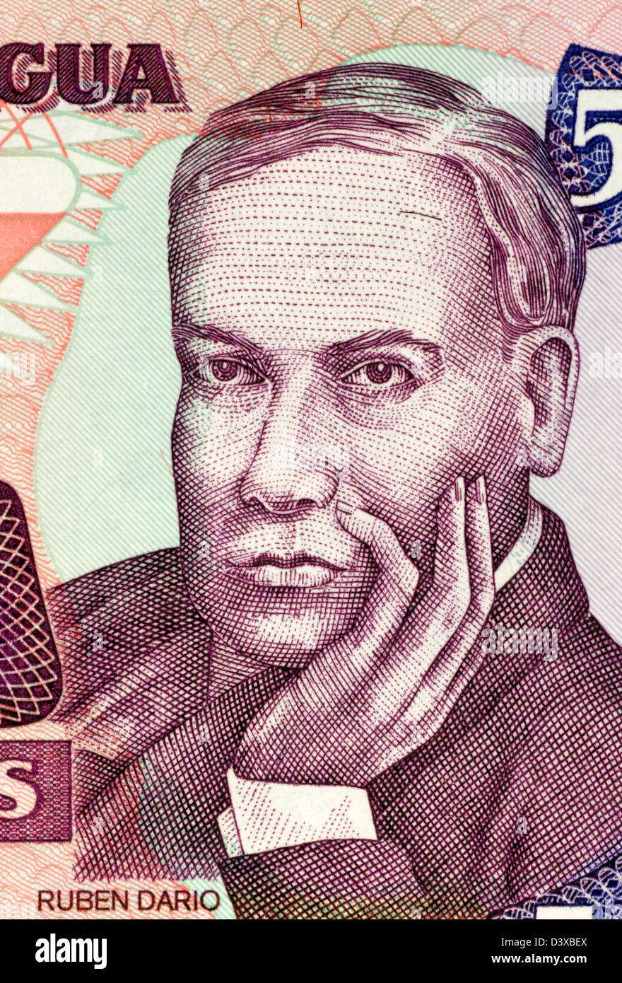 Ruben Dario (1867-1916) on 500 Cordobas 1985 Banknote from Nicaragua. Nicaraguan poet. Stock Photo