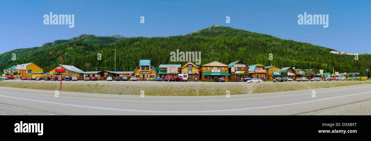 Panorama view of tourist shops outside of Denali National Park, Alaska, USA.  Locals call this Litter, or Glitter, Gulch. Stock Photo
