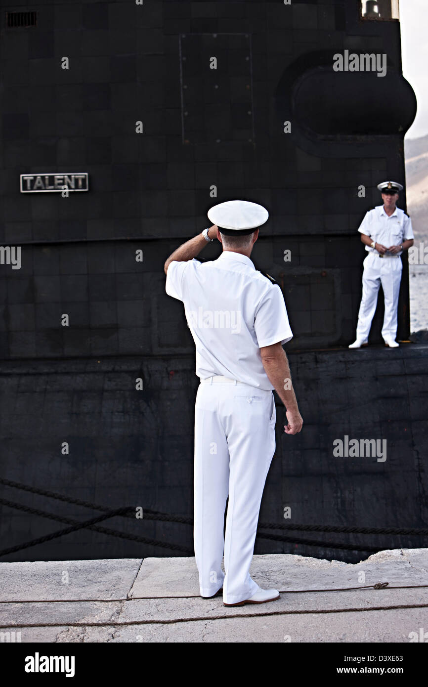 Naval officers salute to Nuclear Submarine HMS Talent, Egypt Stock Photo