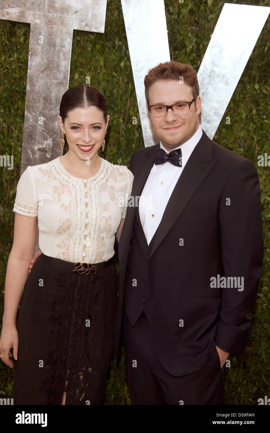 Actor Seth Rogen and Lauren Miller arrive at the Vanity Fair Oscar Party at Sunset Tower in West Hollywood, Los Angeles, USA, on 24 February 2013. Photo: Hubert Boesl/dpa Stock Photo