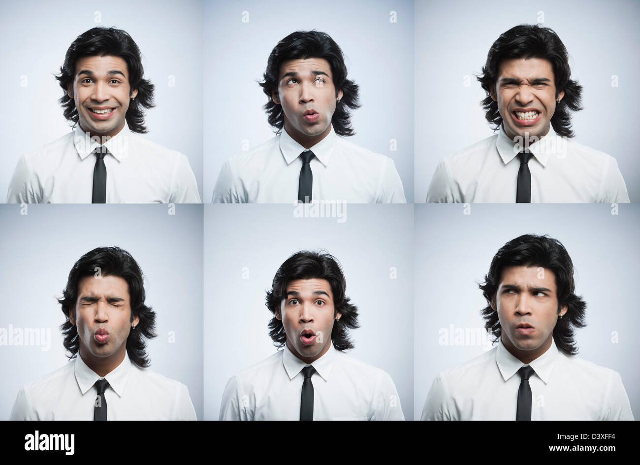 Multiple images of a businessman making funny faces Stock Photo