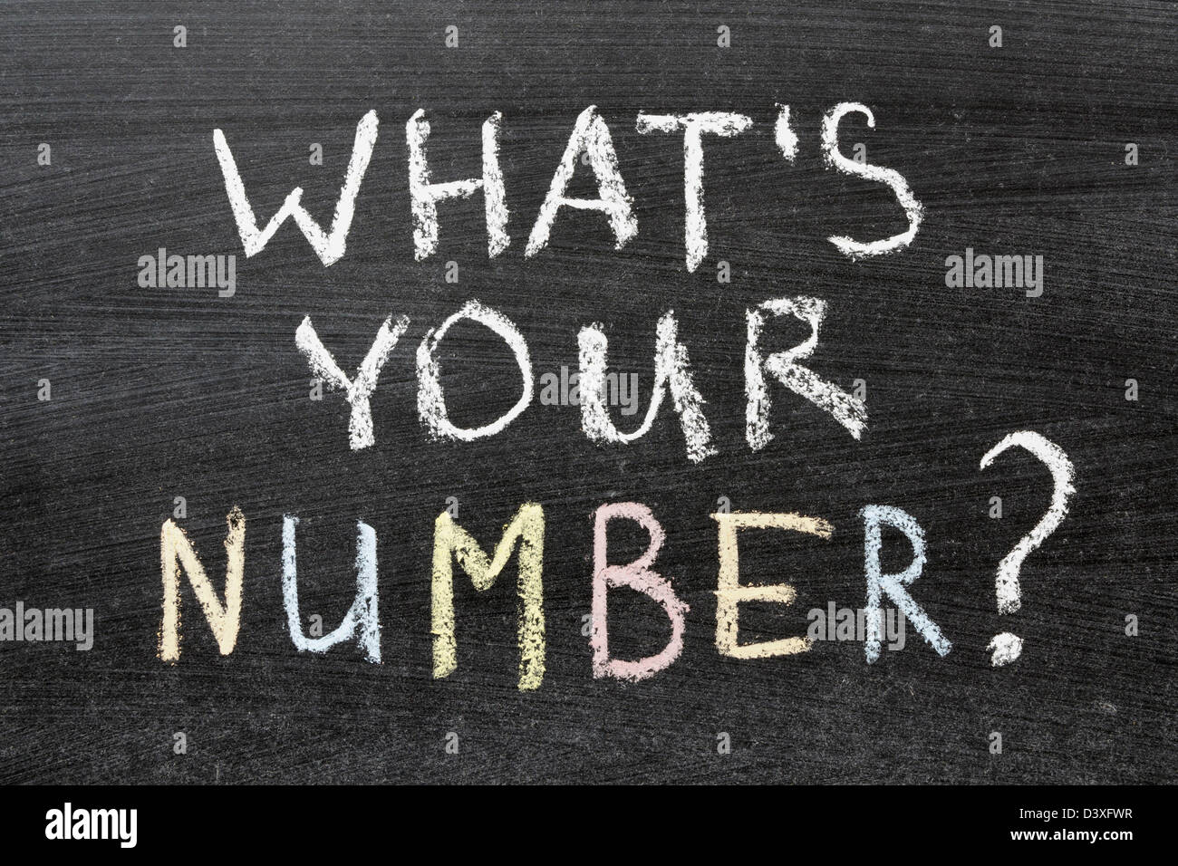 whats your number question handwritten on the school blackboard Stock