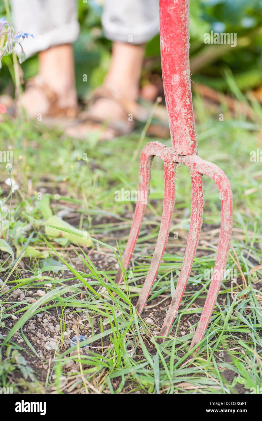 Garden fork with feet of gardener in the background Stock Photo