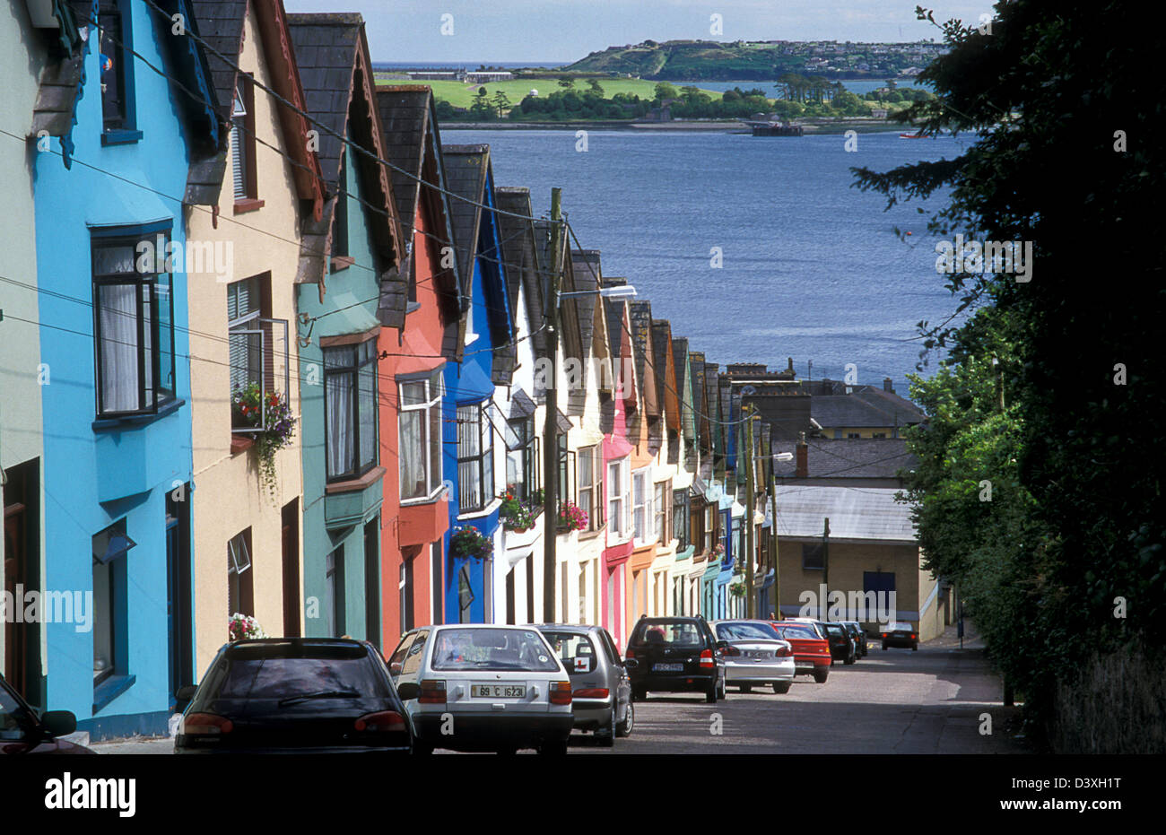 colourful terraced houses leading to seafront, Cobh, Co.Cork, Ireland