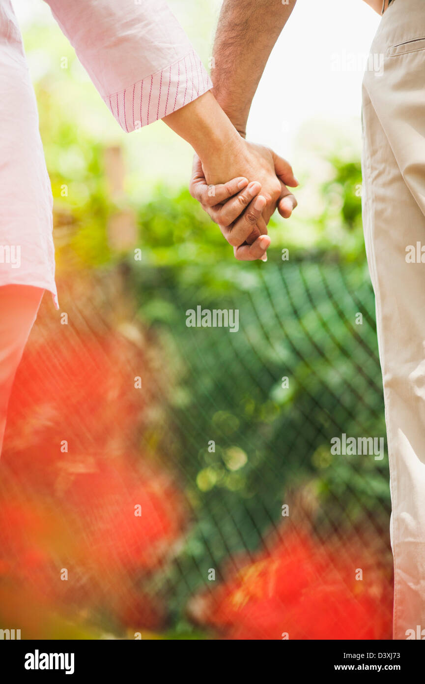 Mature couple holding hands of each other, Lodi Gardens, New Delhi, India Stock Photo