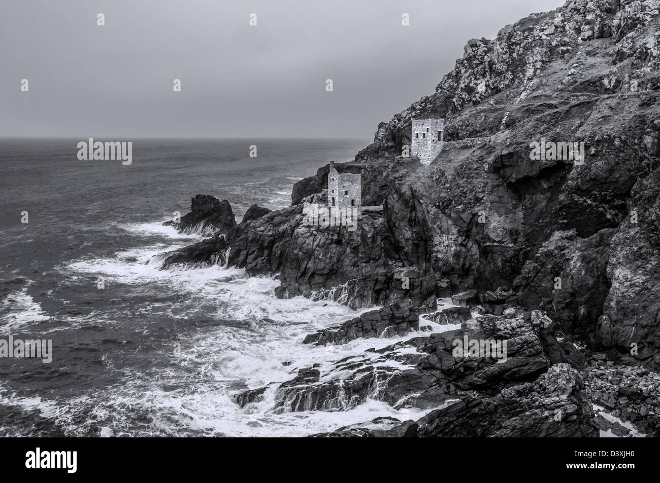 Engine Houses on the Celtic Sea in Cornwall Stock Photo