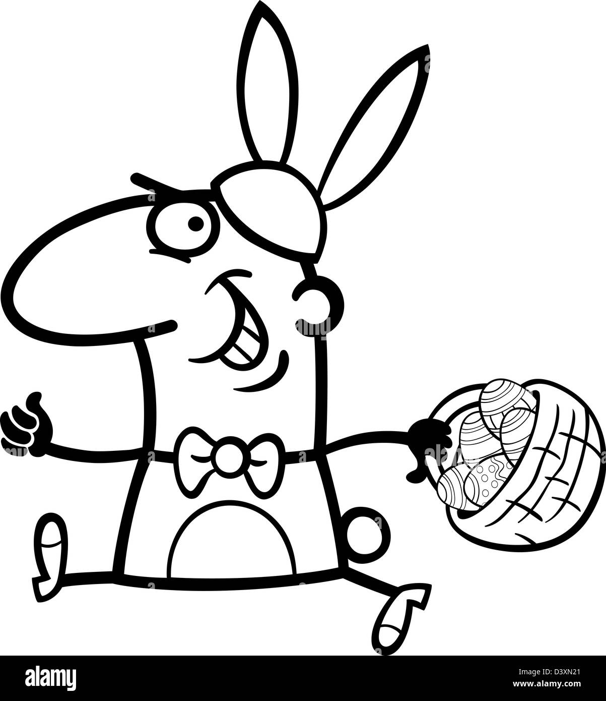 Black and White Cartoon Illustration of Funny Man in Easter Bunny Costume running with Easter Eggs in a Basket for Coloring Book Stock Photo