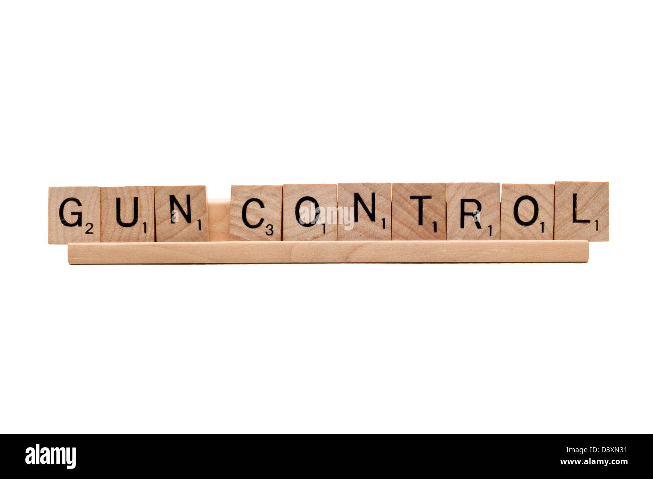 Gun Control spelled in Scrabble letters. Isolated on white background Stock Photo