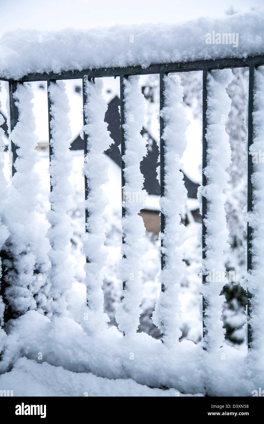 Winter snow-covered grilles, railings Stock Photo - Alamy