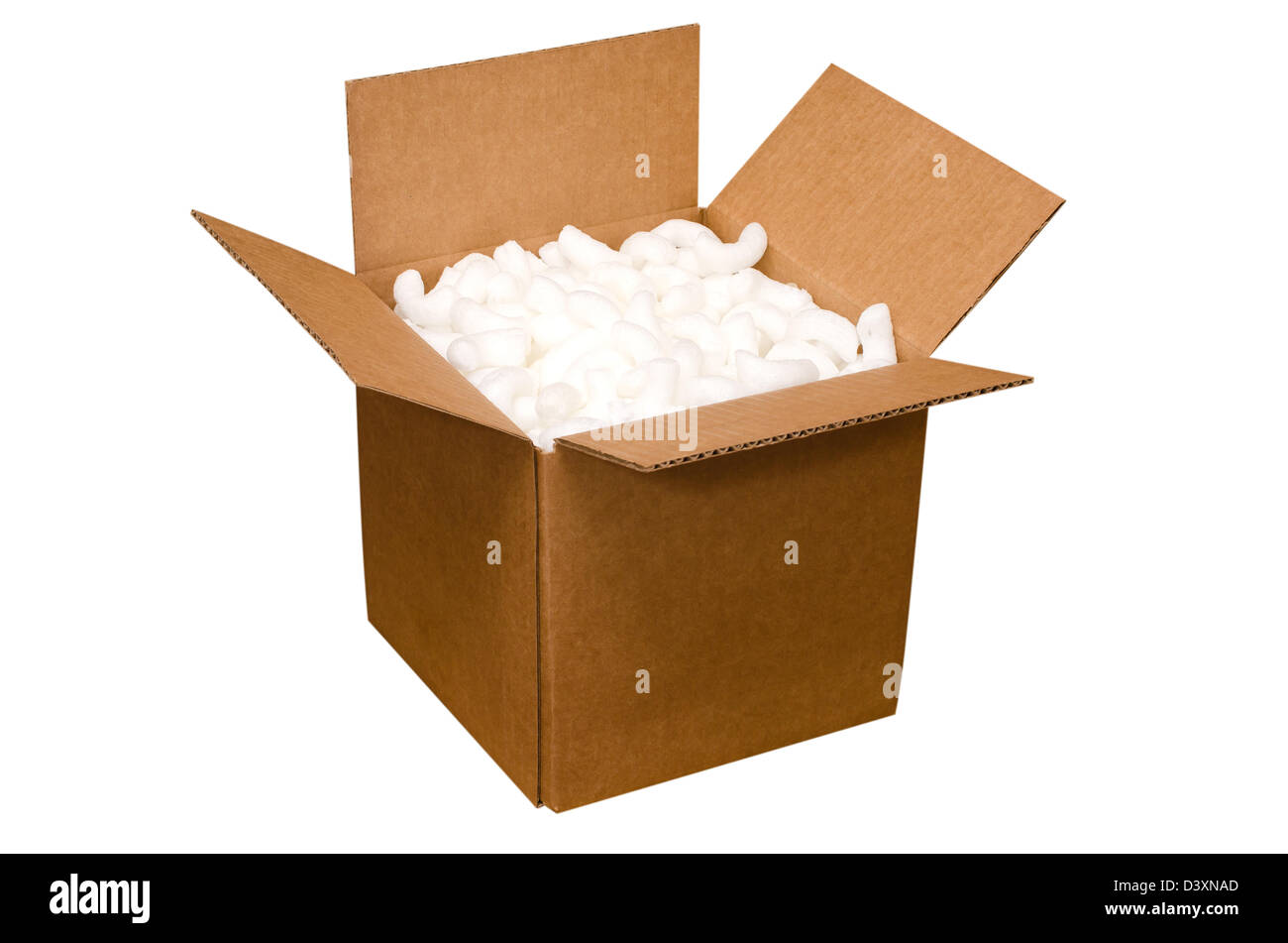 Shipping box with packing peanuts isolated on white background with clipping path. Stock Photo