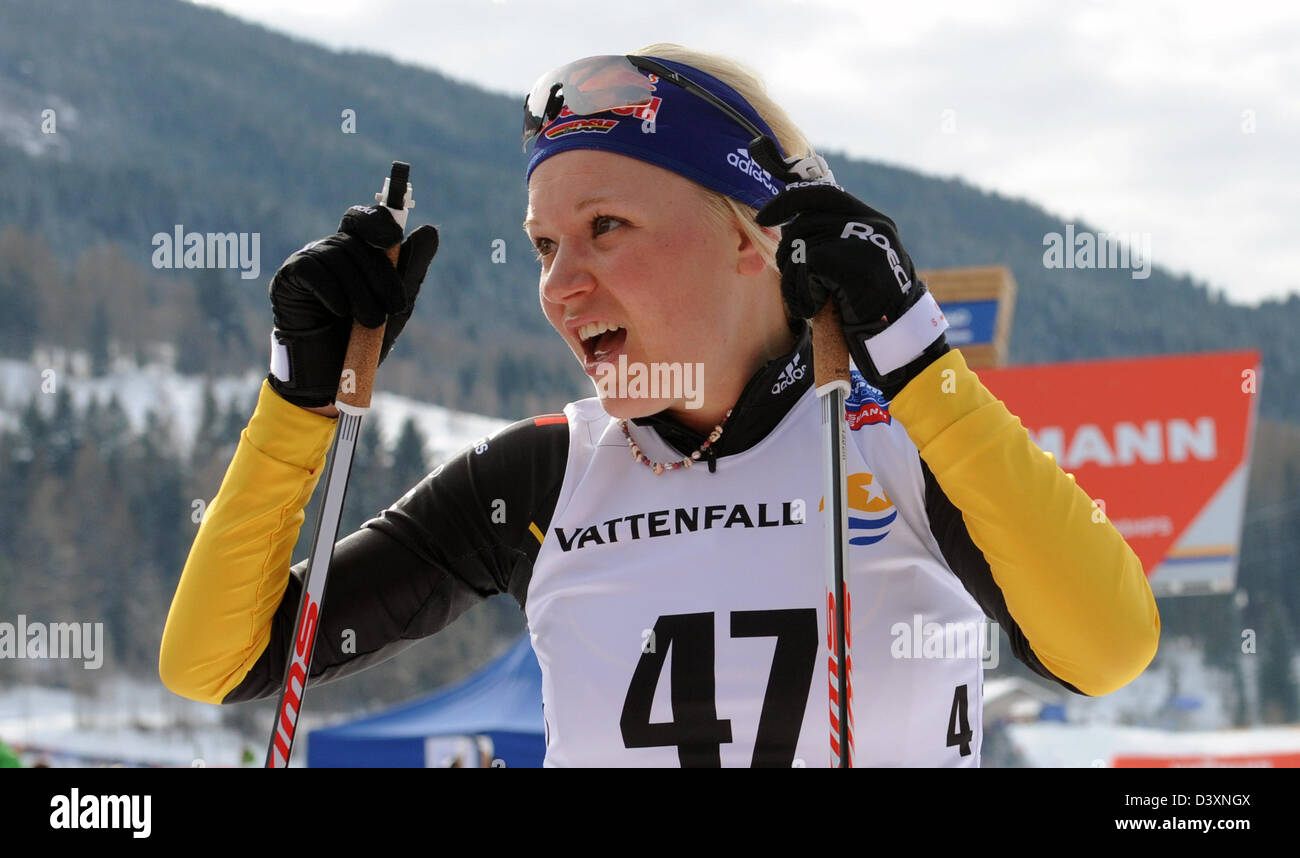 Germany's Miriam Goessner reacts after the Women's 10 km Free Individual event at the Nordic Skiing World Championships in Val di Fiemme, Italy, 26 February 2013. Photo: Hendrik Schmidt/dpa +++(c) dpa - Bildfunk+++ Stock Photo