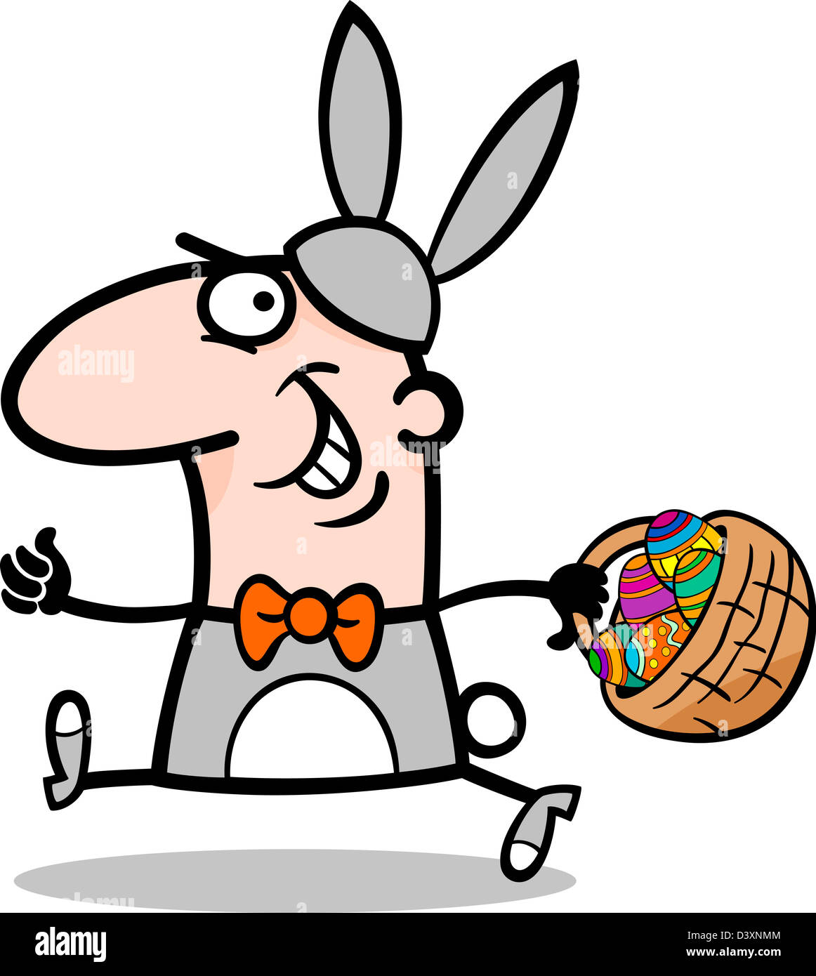 Cartoon Illustration of Funny Man in Easter Bunny Costume running with Easter Eggs in a Basket Stock Photo