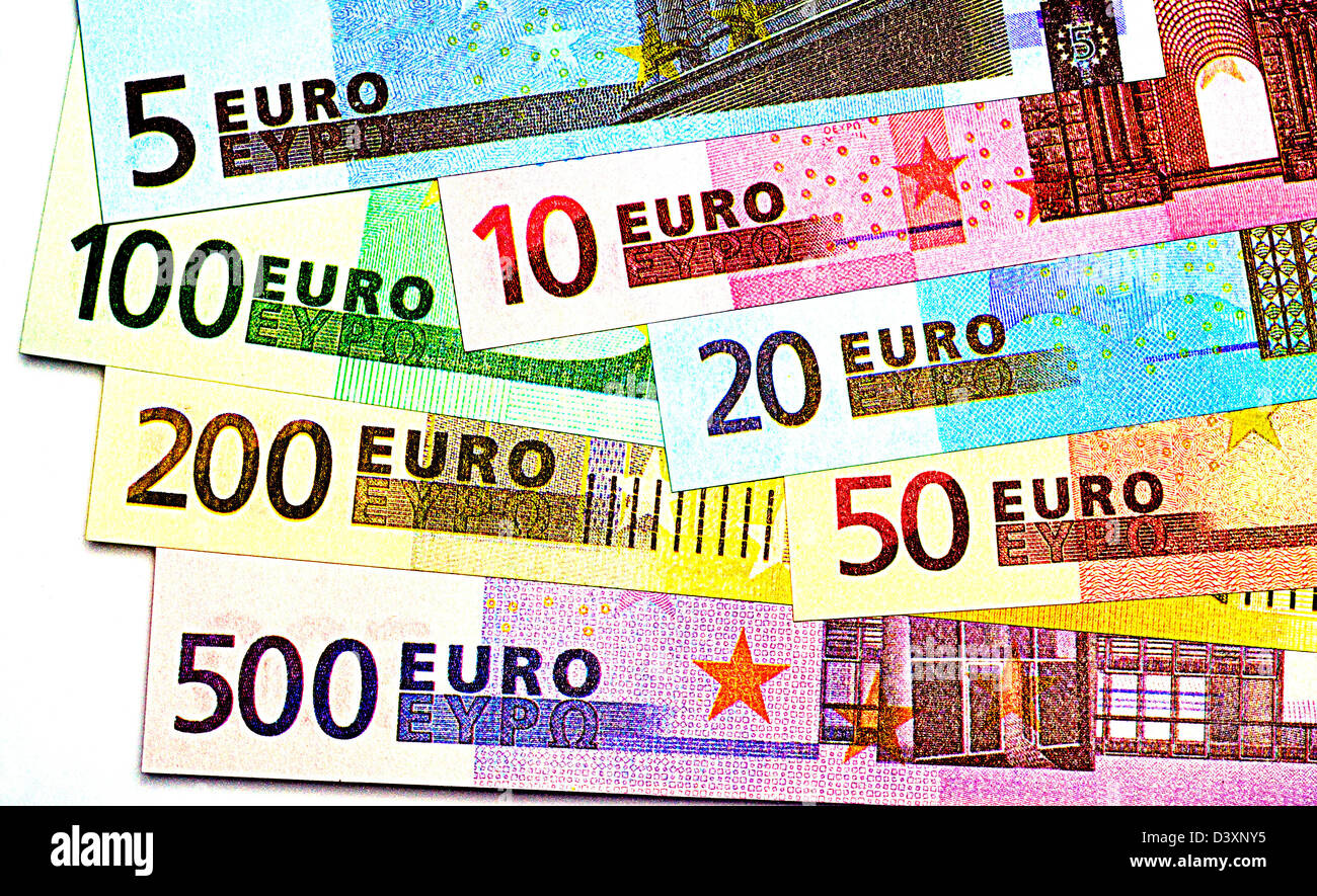 Complete set of Euro notes, from €5 to €500. Digitally changed Stock ...