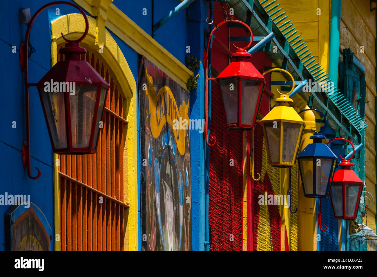 Colourful street lights and vividly painted walls in bright La Boca, Buenos Aires, Argentina Stock Photo