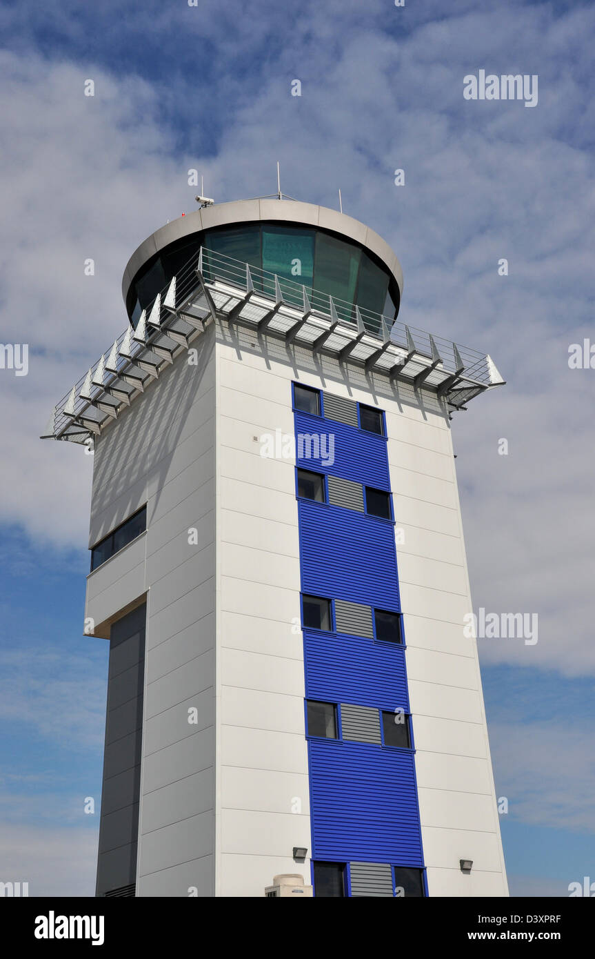 Air traffic control tower built at London Southend Airport, Essex as part of the continuing expansion by Stobart Air. ATC. Aerospace Stock Photo