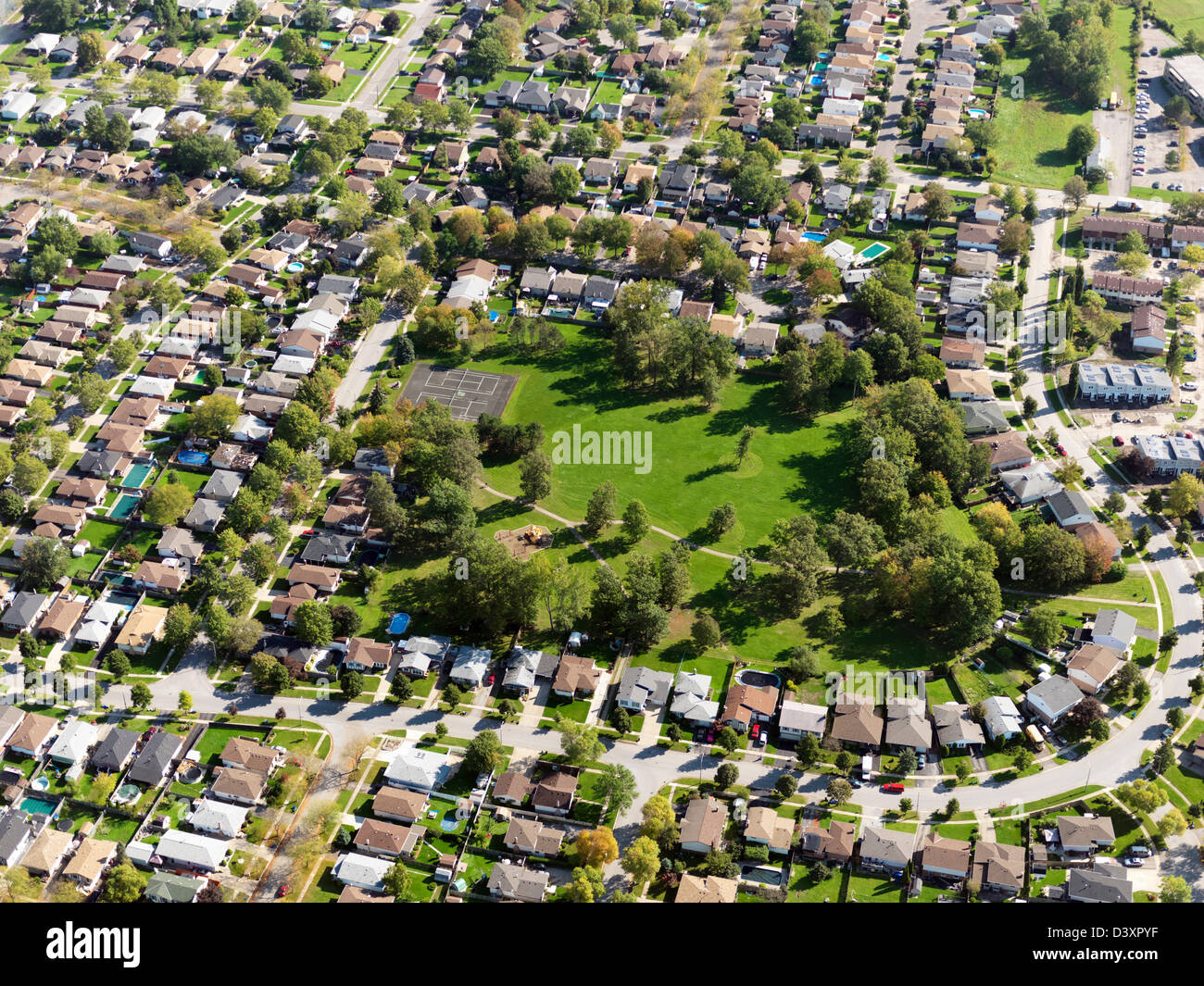 Canada, Ontario, Niagara Falls, aerial view of houses in a suburb setting with parkland. Stock Photo