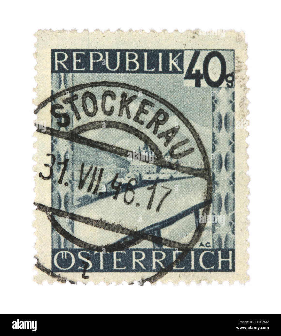 Old stamp from Austria. Cancelled in Stockerau in 1946. Stock Photo