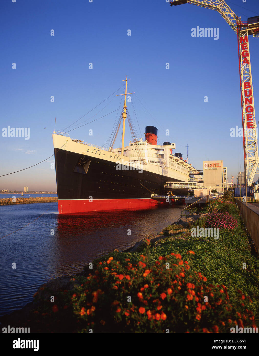 The Queen Mary ship at sunset, Queens Highway, Long Beach, Los Angeles