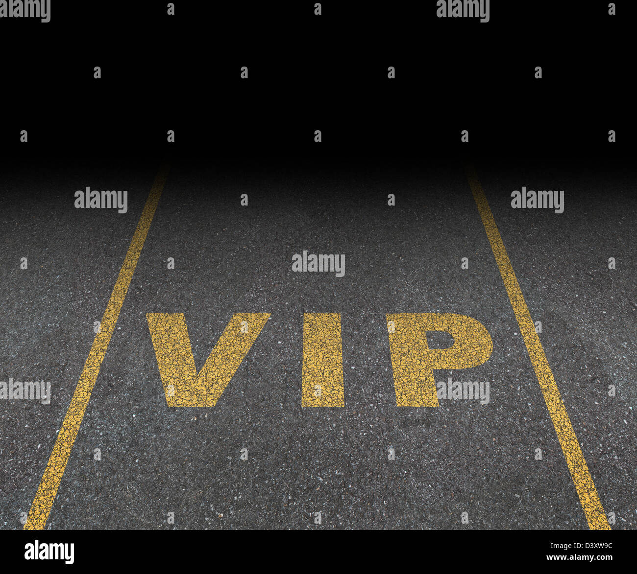 VIP service symbol with a first class reserved parking space for with a sign painted on asphalt as a symbol of exclusive hospitality with the royal treatment with a blank area for text. Stock Photo