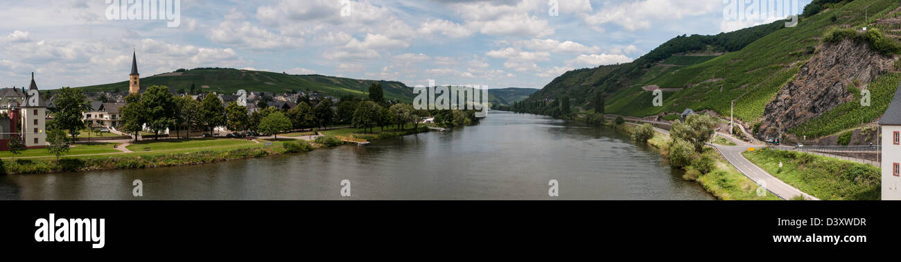 View from Mosel river Bridge, on the left the village Trittenheim in Rhineland Palatinate, Germany, a panoramic scene Stock Photo