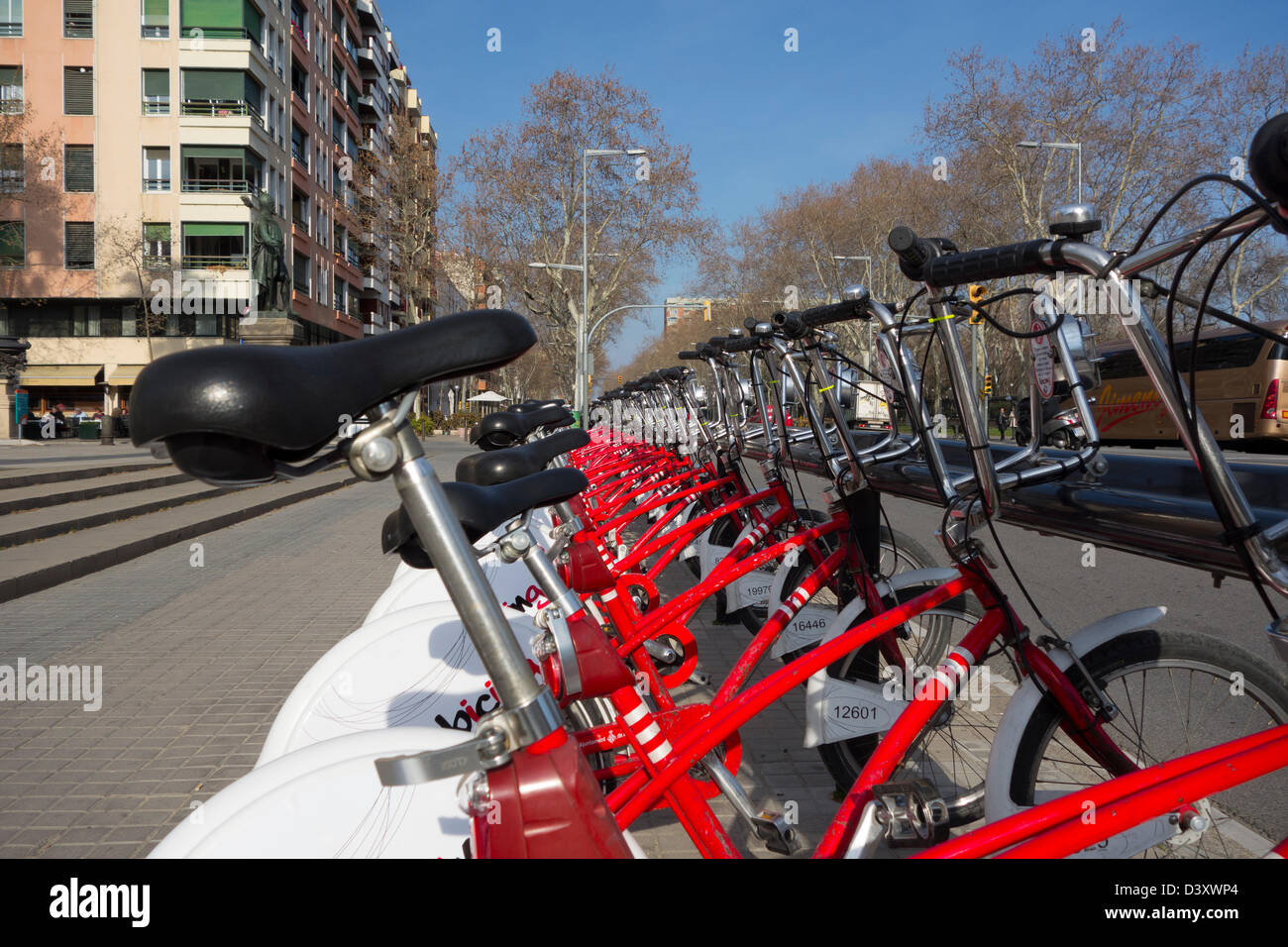 Rental bikes in Barcelona street, Spain, Europe Stock Photo