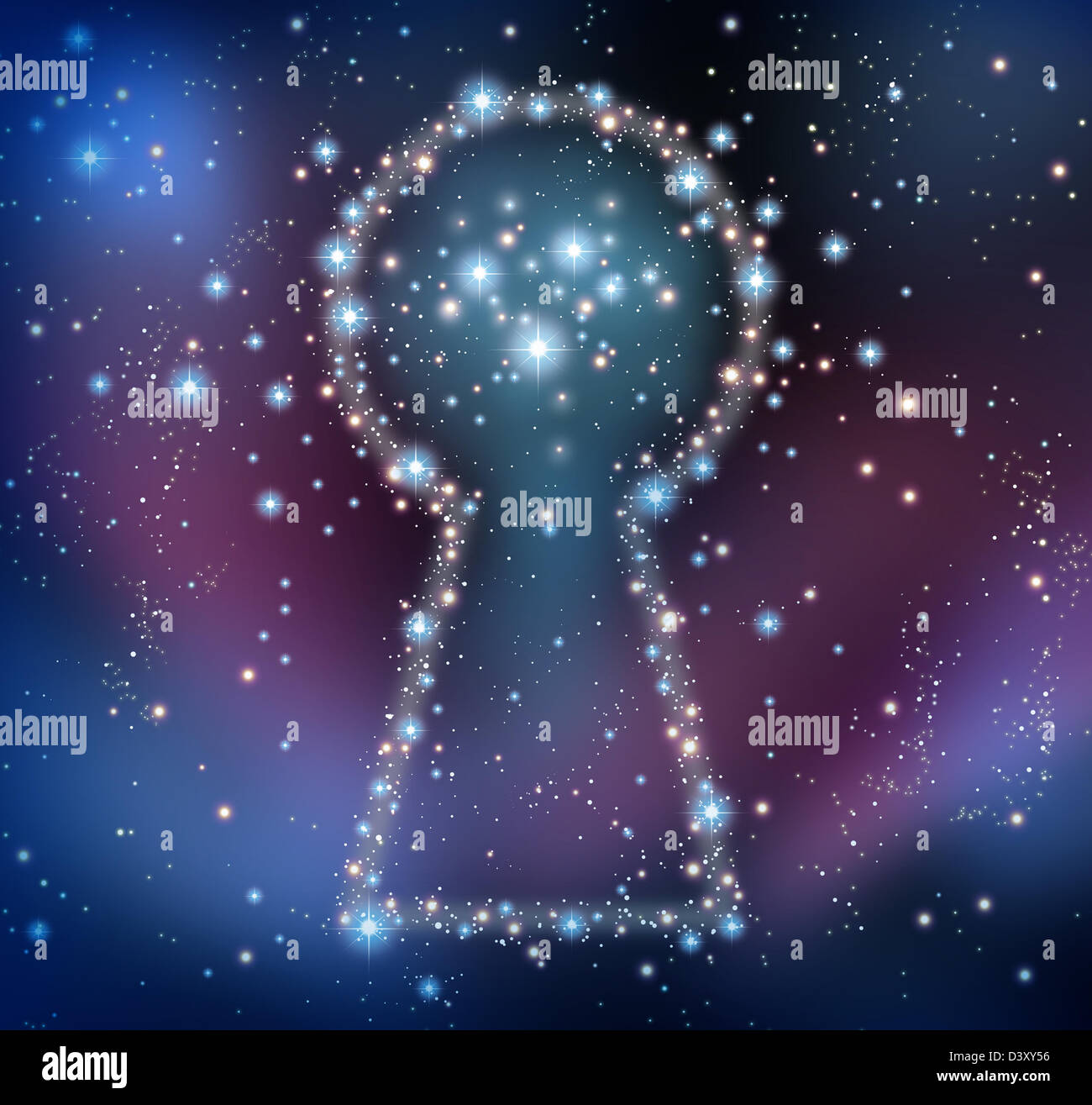 Key inspiration and finding answers or solutions in a brainstorm concept as a night sky with a group of stars and planets as a bright space constellation in the shape of a keyhole. Stock Photo