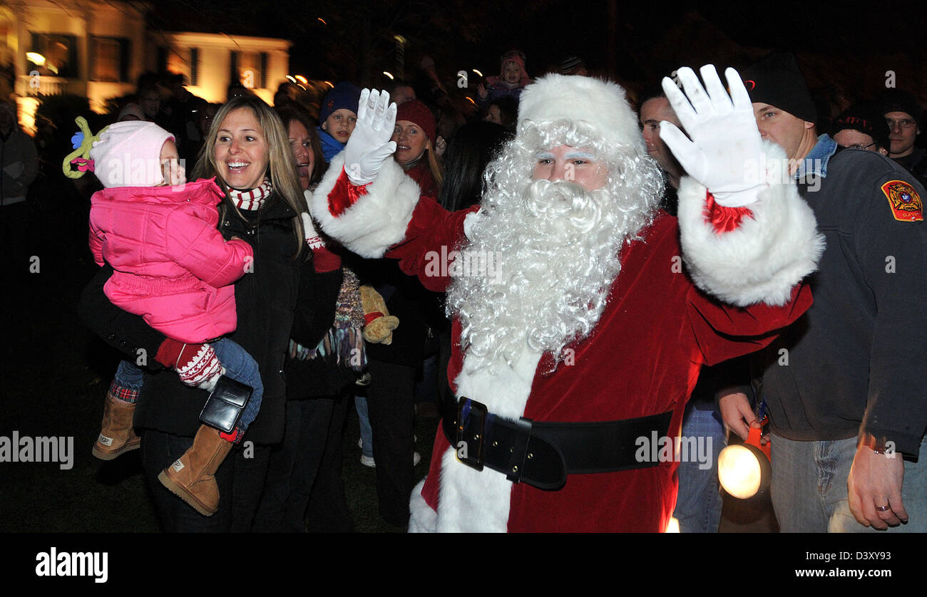 Santa arrives at a town tree lighting ceremony in Milford CT USA Stock