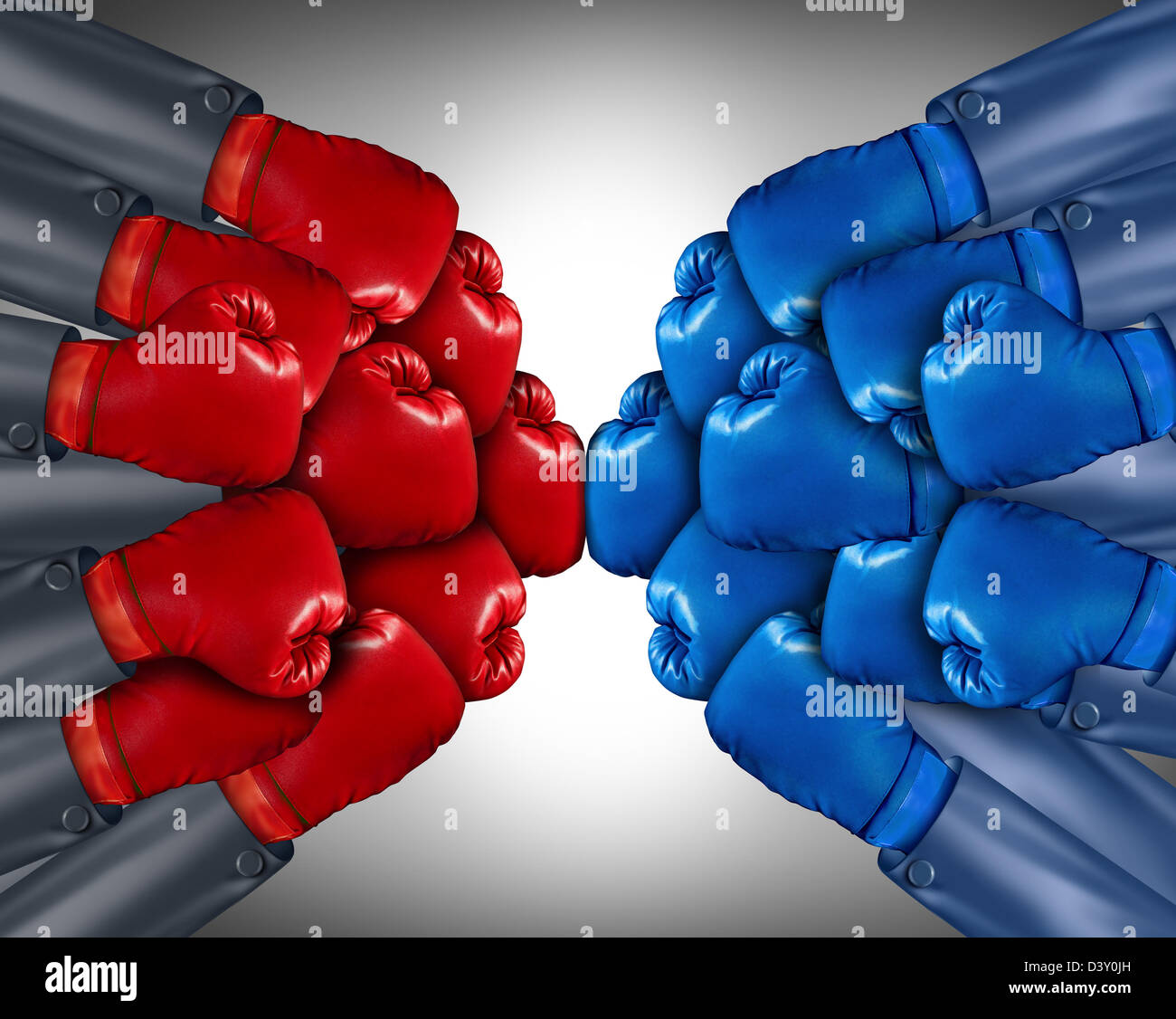 Group competition ready for a biusiness fight with a network of corporate people wearing red and blue boxing gloves competing together in the open market using strategy and planning to win. Stock Photo