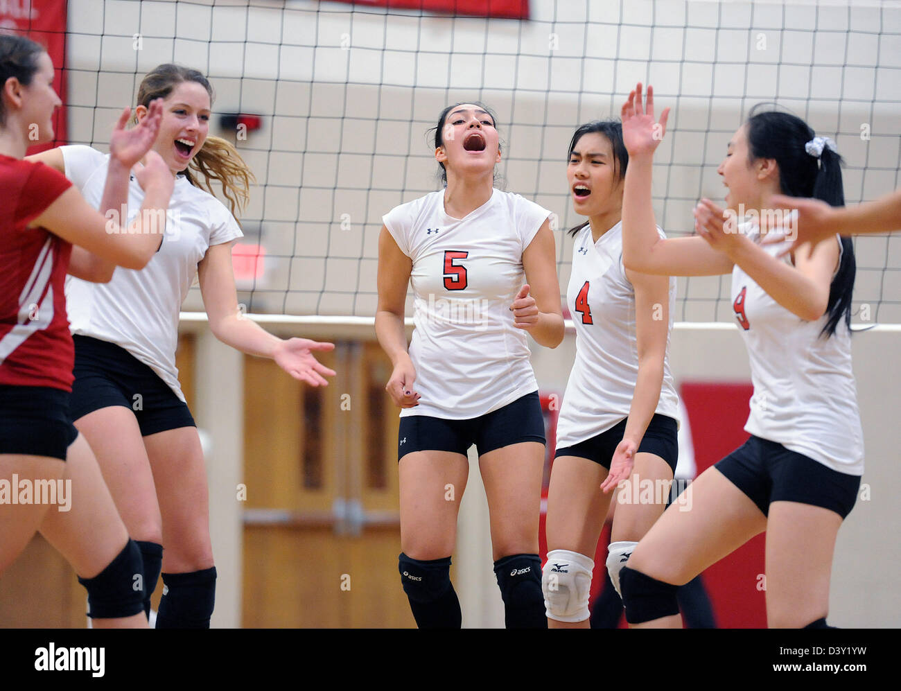Girls Volleyball players celebrate a point during a high school match in CT  USA Stock Photo - Alamy