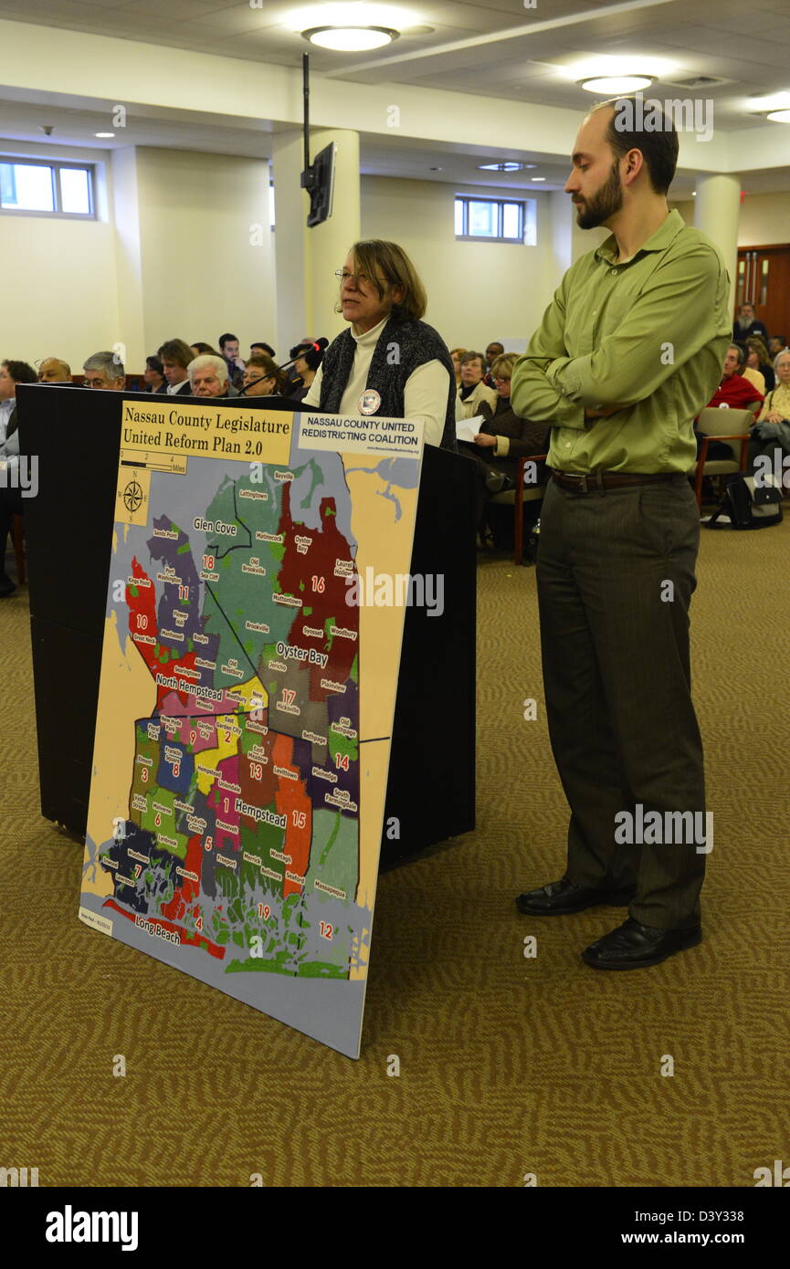 Feb. 25, 2013 - Mineola, New York, U.S. - ALICE LEVINE of the League of Women Voters speaks against the controversial proposed Redistricting map during Nassau County Legislature meeting. The legislature postponed the vote on the map shortly before 1 AM the morning of February 26, nearly 12 hours after the meeting started on 1:30 PM Feb. 25. Stock Photo