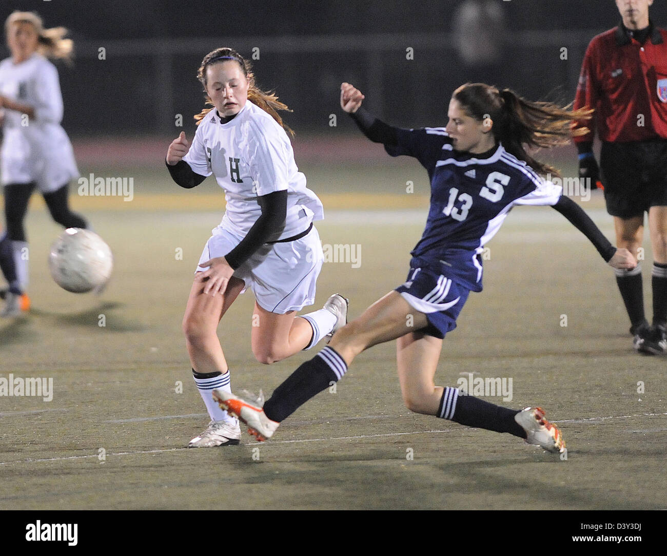 High school girl's soccer action in CT USA Stock Photo