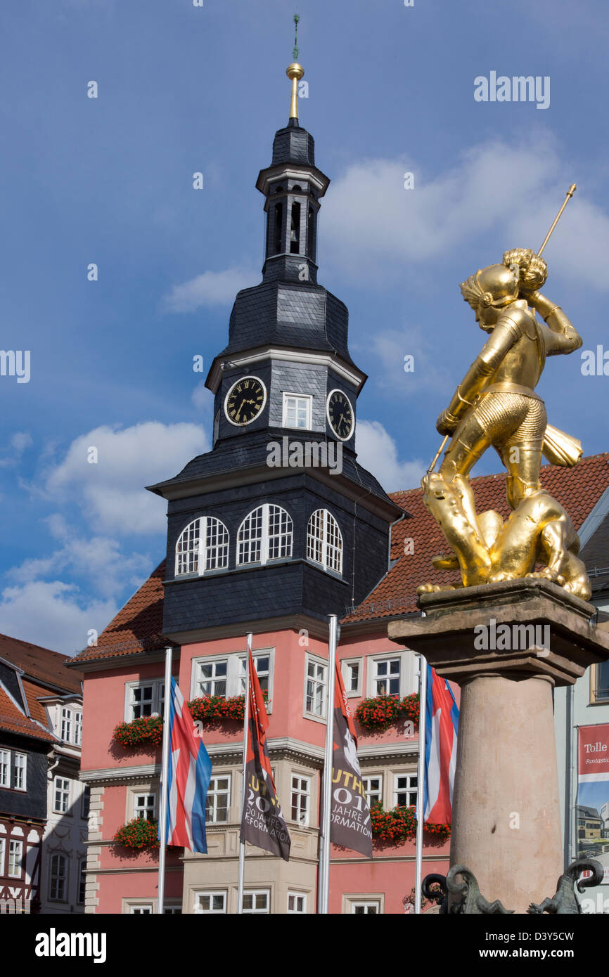 Market fountain with golden figure of Saint George, in the background the town hall of Eisenach Thuringia, Germany, Europe Stock Photo