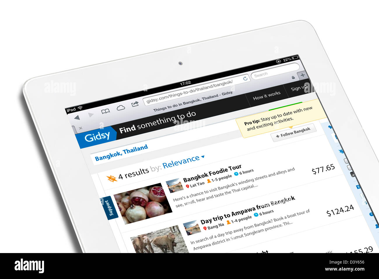 Looking at activities in Bangkok on Gidsy.com, the website designed to find things to do all over the world, viewed on an iPad 4 Stock Photo